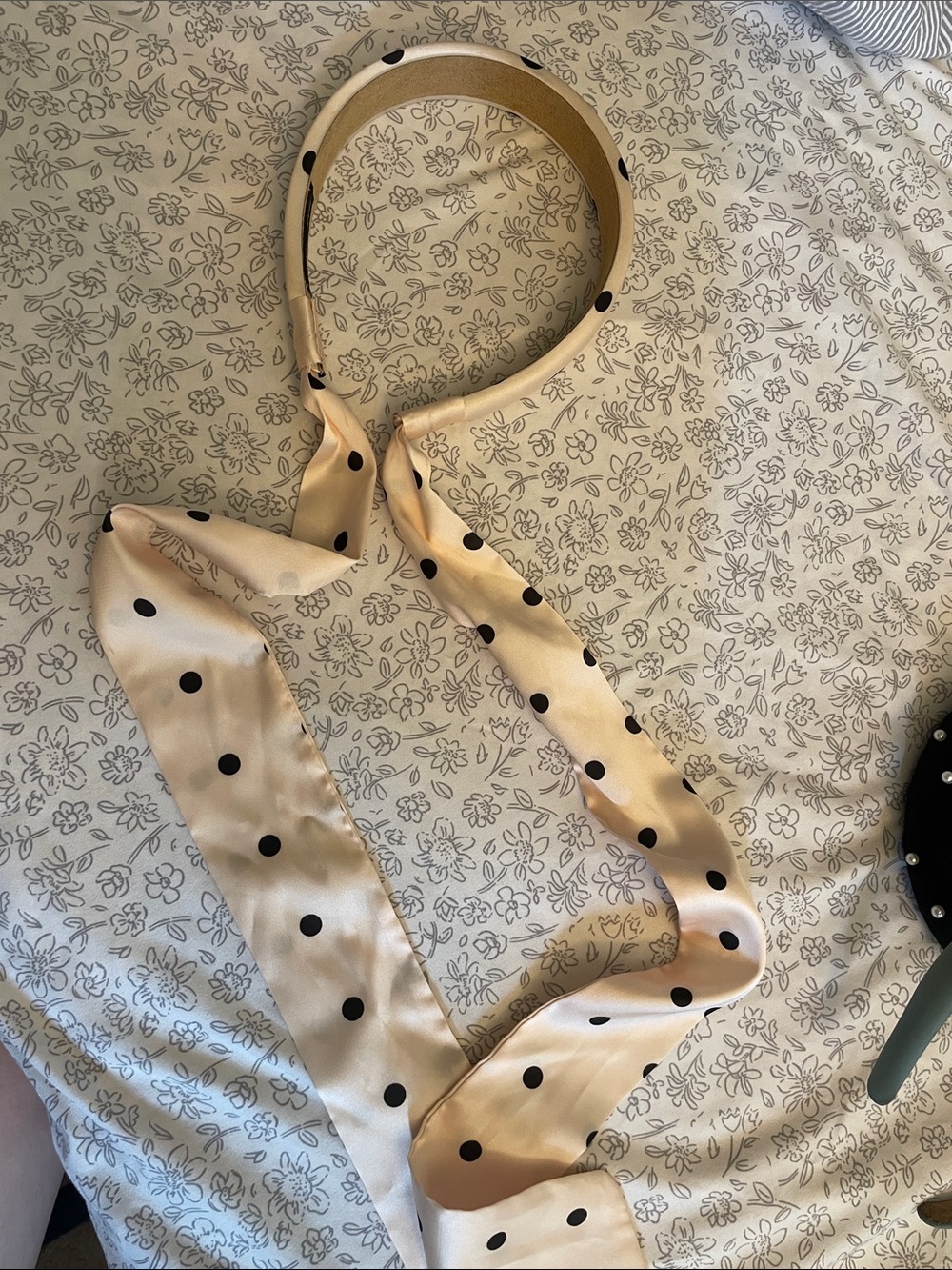 Silk Polka Dot Satin Scarf Headband - Beige with Black Dots